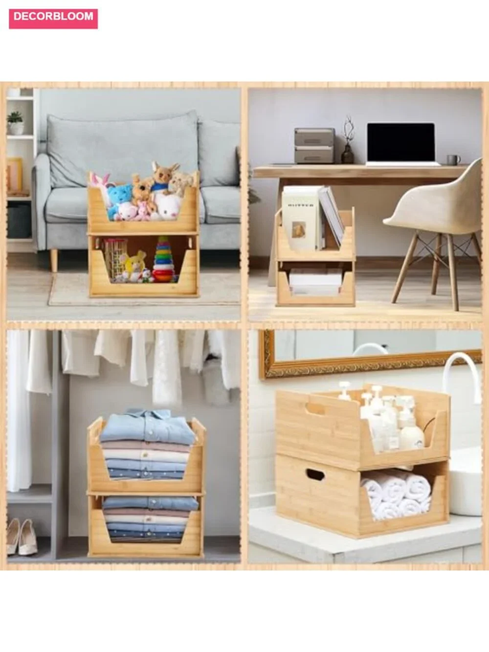 2 Pack Bamboo Stackable Pantry Storage Bins Open Front Organizer